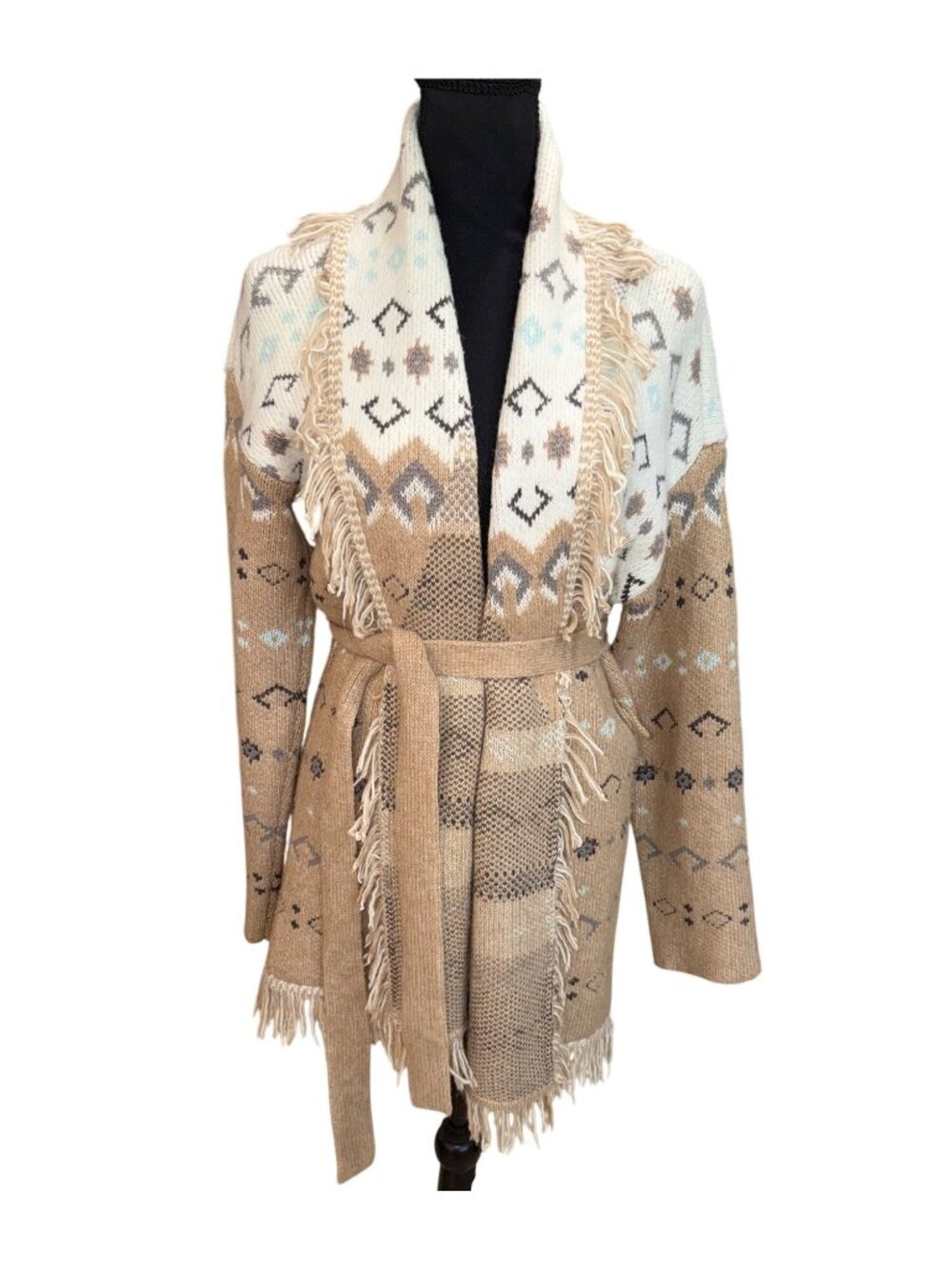 Lucky Brand Womens M Fringe Open Cardigan Sweater Southwestern Beige Aztec Belt - Picture 2 of 12